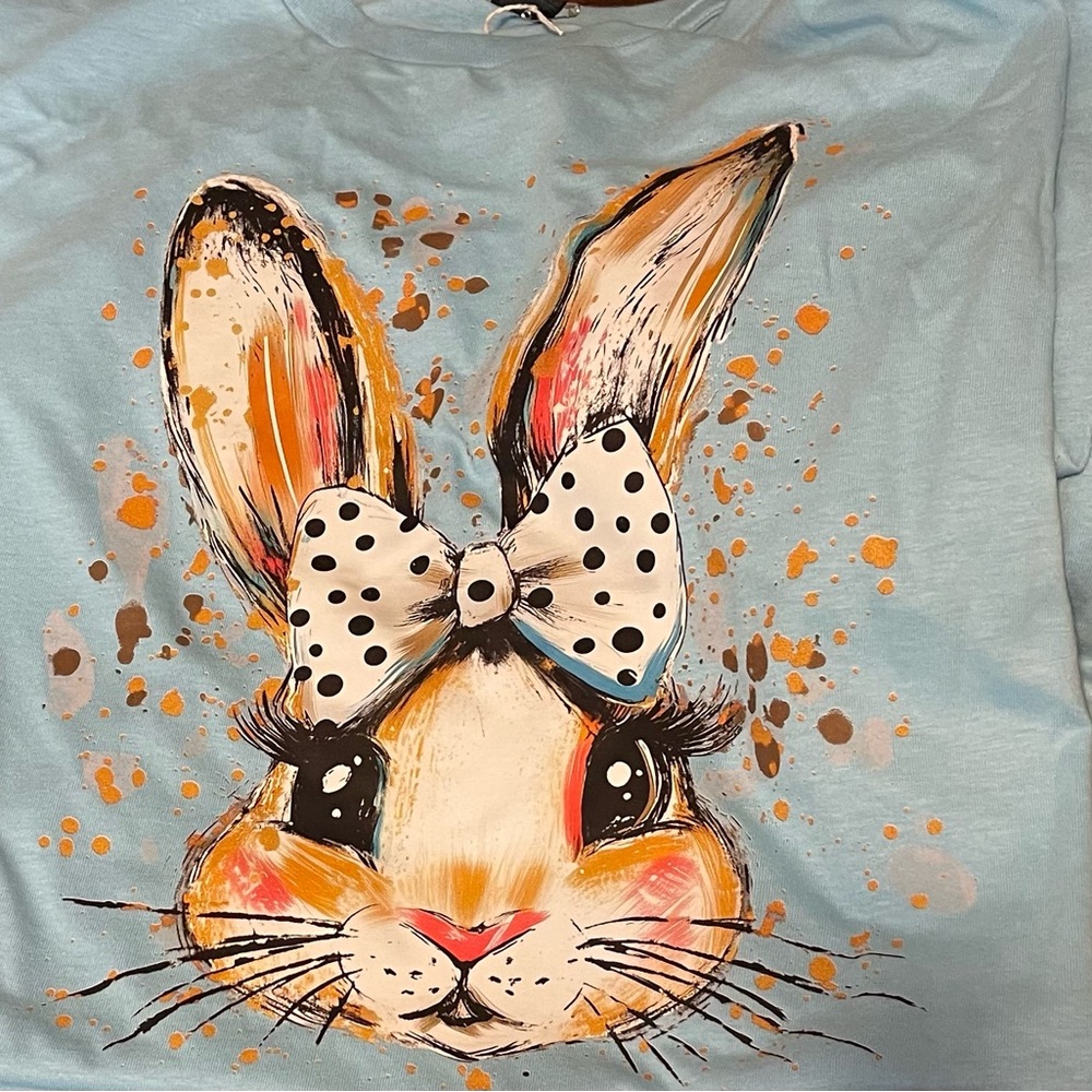 Girls Light Blue Bunny Graphic Tee with Polka Dot Bow